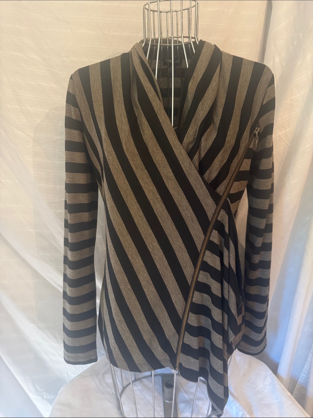 Striped Asymmetrical Zip Front, Viscose Top - Size 8